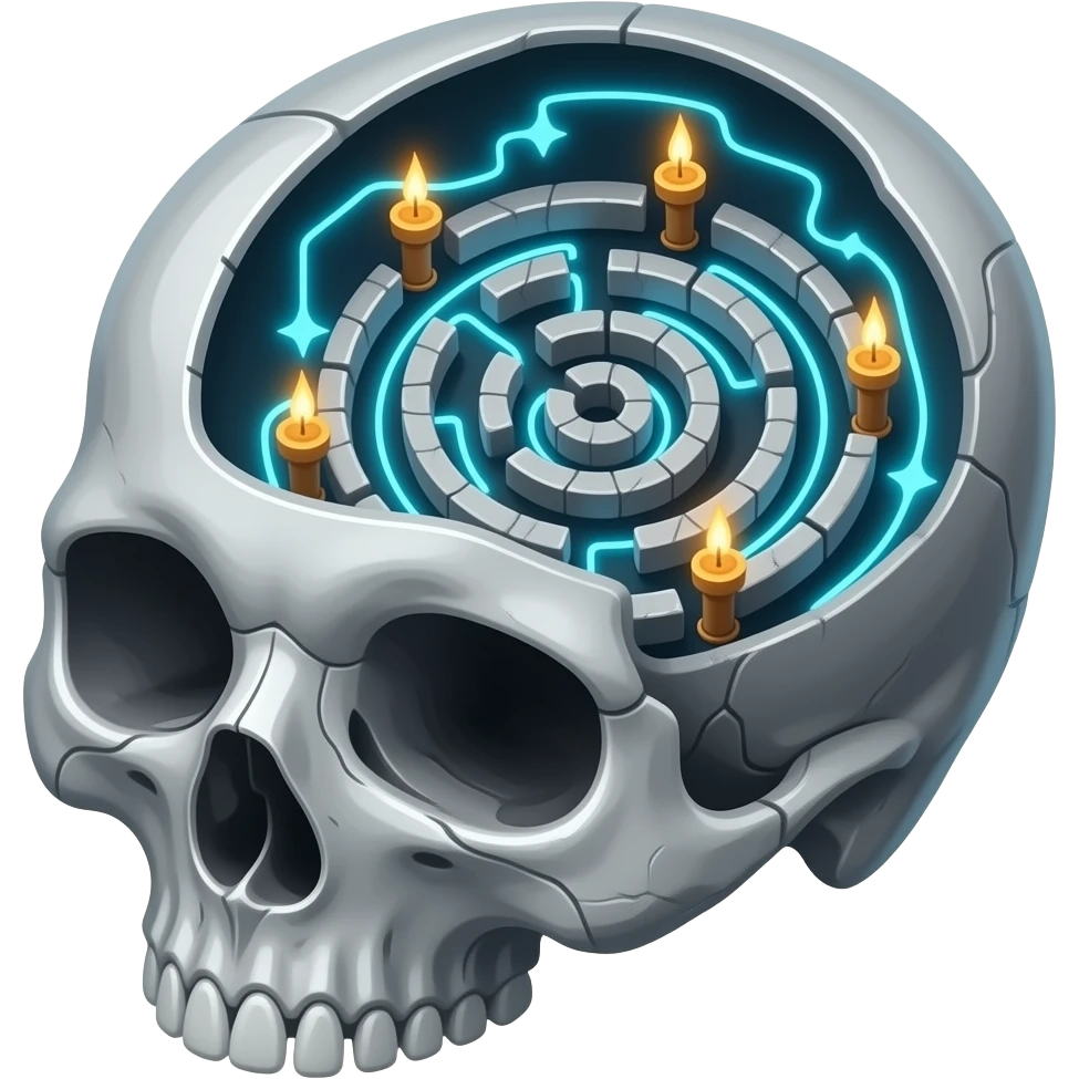 a view from above into an open futuristic cybernetic head that contains the space of an ancient labyrinth emoji