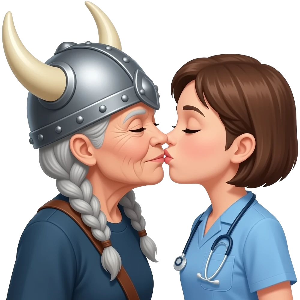 Viking helmet older woman with gray braids kissing shortest brown hair nurse couple emoji