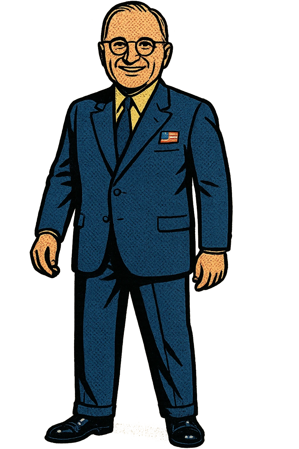 A full body image of a leader who looks like President Truman who is smiling, wearing a blue suit with a pale yellow shirt with an American Flag badge emoji