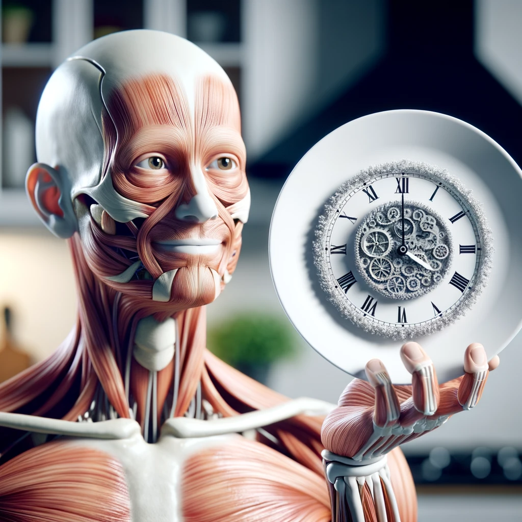 corpo umano anatomico, che tiene in mano un piatto bianco con la lancette di un orologio sopra, figura visibile fino ai fianchi, espressione del volto soddisfatta, sullo sfondo la sua cucina sfocata, iperrealistico 4k emoji