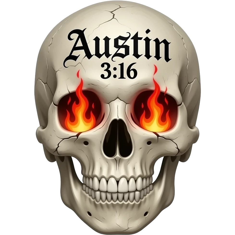 human skull with jaw, no teeth broken, the words Austin 3:16 in black ink, eye socket, and nose cavity need flames, words carved into its forehead in a Gothic font, show cracks, weathering, pieces missing, true flames come out of sockets, all fonts need to be bright red and stacked, embossed emoji
