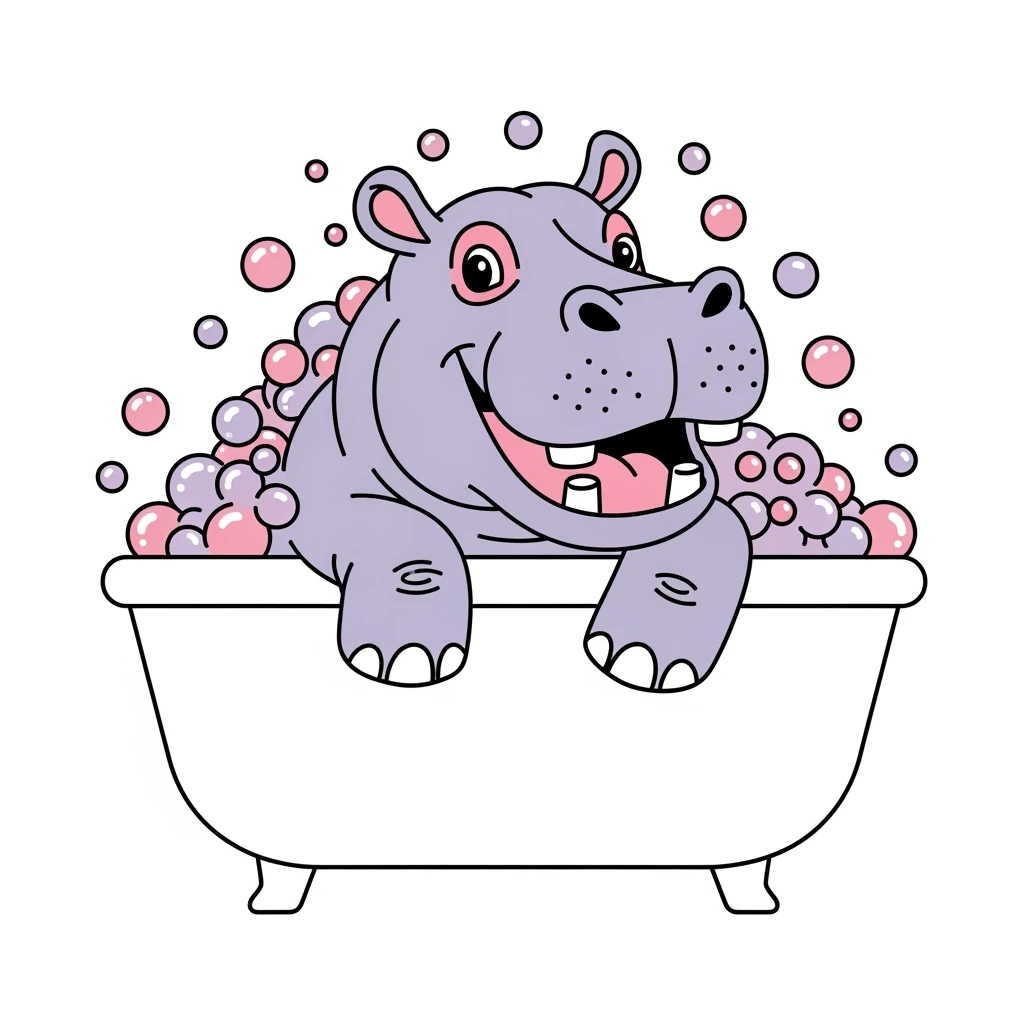 color vector art with thin outline of happy hippo with bubbles in bathtub emoji