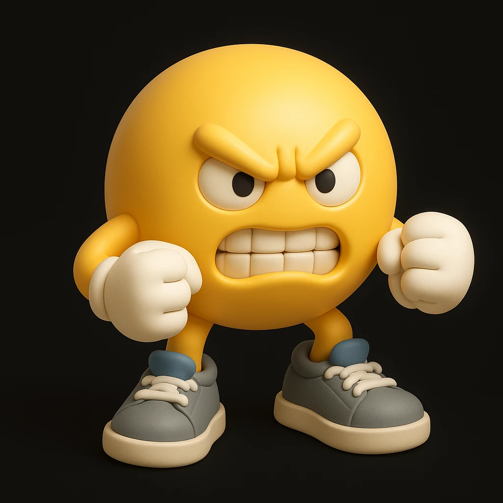 3D animated yellow emoji character, angry face with furrowed brows, narrowed eyes, and gritted teeth. Wearing white gloves, fists clenched, fighting pose. Large gray sneakers, blue tongues, white laces. Solid black background. emoji