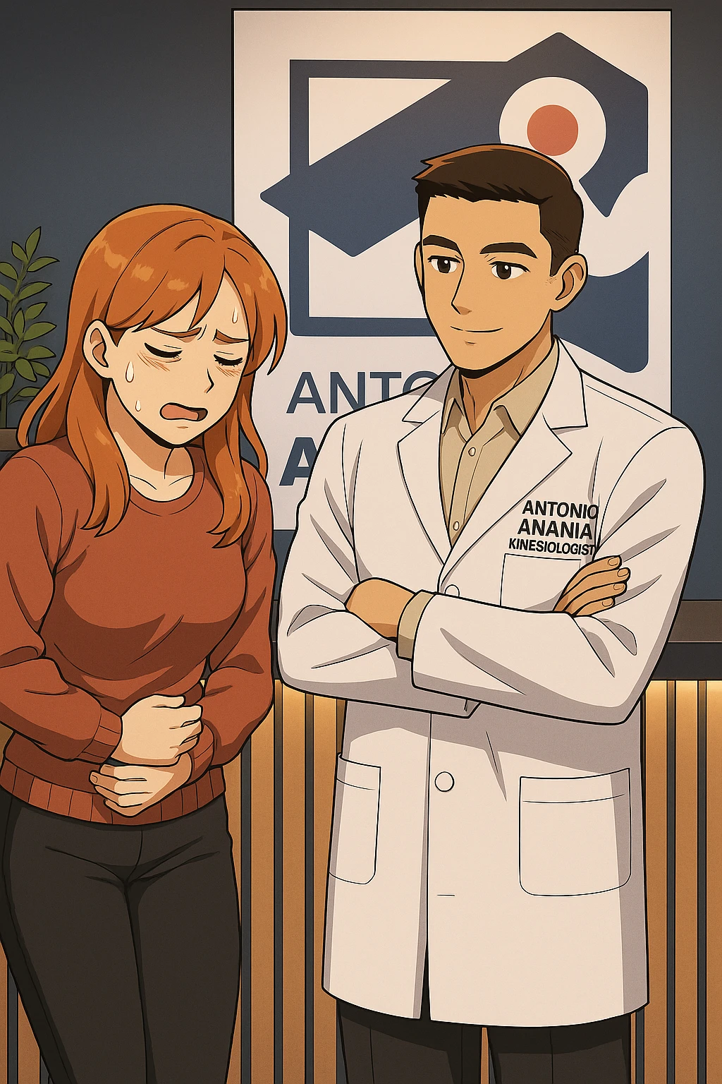 su questo stile fai un manga/webtoon a colori in cui una donna che parla esasperata dal suo problema, l'uomo della foto in stile manga gli risponde, mantieni un ambiente simile alla foto che ho allegato con il suo logo (sarebbe il suo studio, lui è un kinesiologo), scrivigli "ANTONIO ANANIA" sul camice bianco, non mettere fumetti, ma fai in modo che sembri che la donna chiede una cosa e l'uomo risponde alla sua domanda emoji