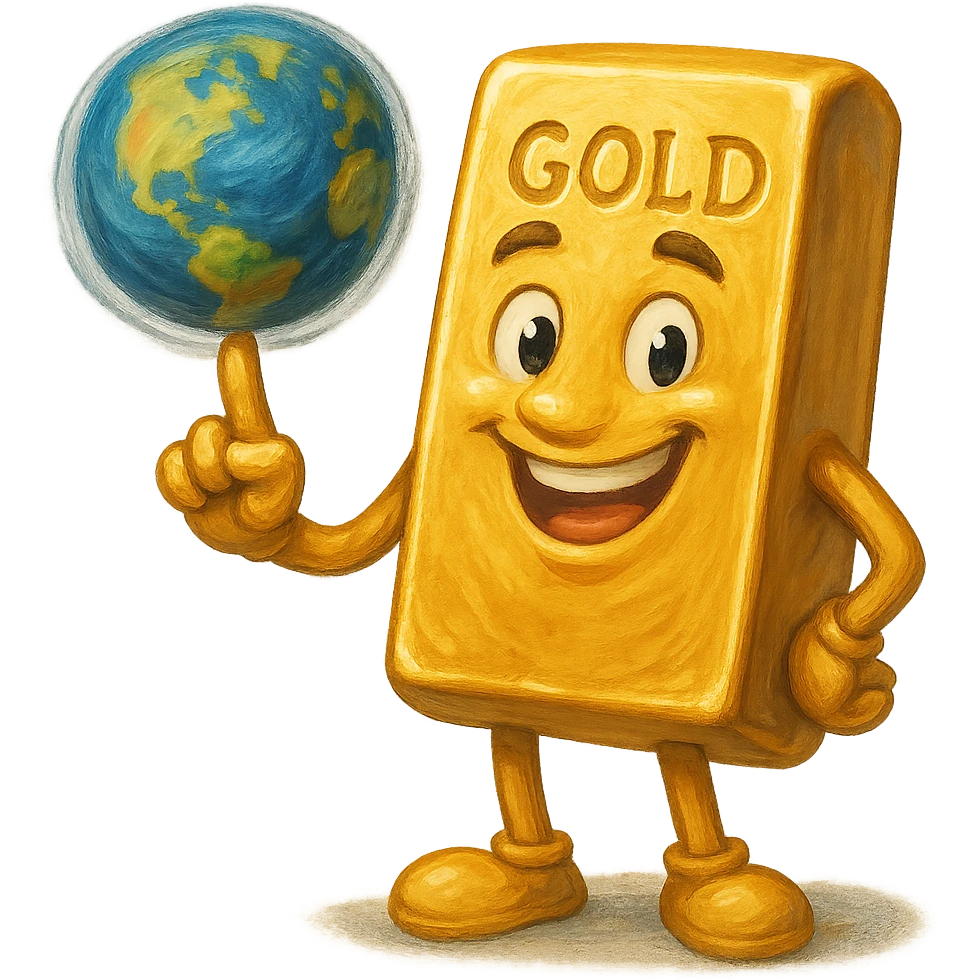В cлегка рисованной, но при этом объемной и яркой стилистике сгенерируй картинку где фотореалистичный слиток золото с руками и ногами стоит и смотрит на зрителя улыбается, в одной руке он на указательном пальце держит землю с эффектом размытия, как баскетбольный мяч, прозрачный фон emoji