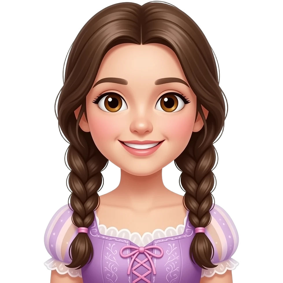 Quiero una chica guapa con dos trenzas largas, ojos y pelo marrones. Tiene el pelo largo y viste muy guapa, con una cálida sonrisa. emoji