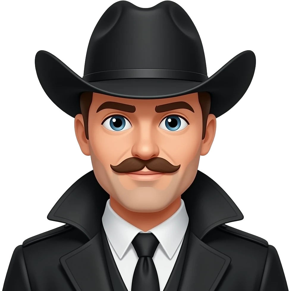 man with dark brown mostache with black cowboy hat and black coat emoji