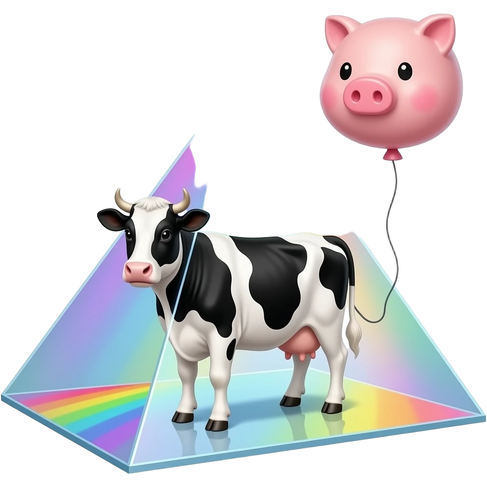 a black and white cow stands inside a glass pyramid floating in space and shining with rainbow colors, outside the pyramid floats a balloon in the shape of a pig connected to the cow emoji