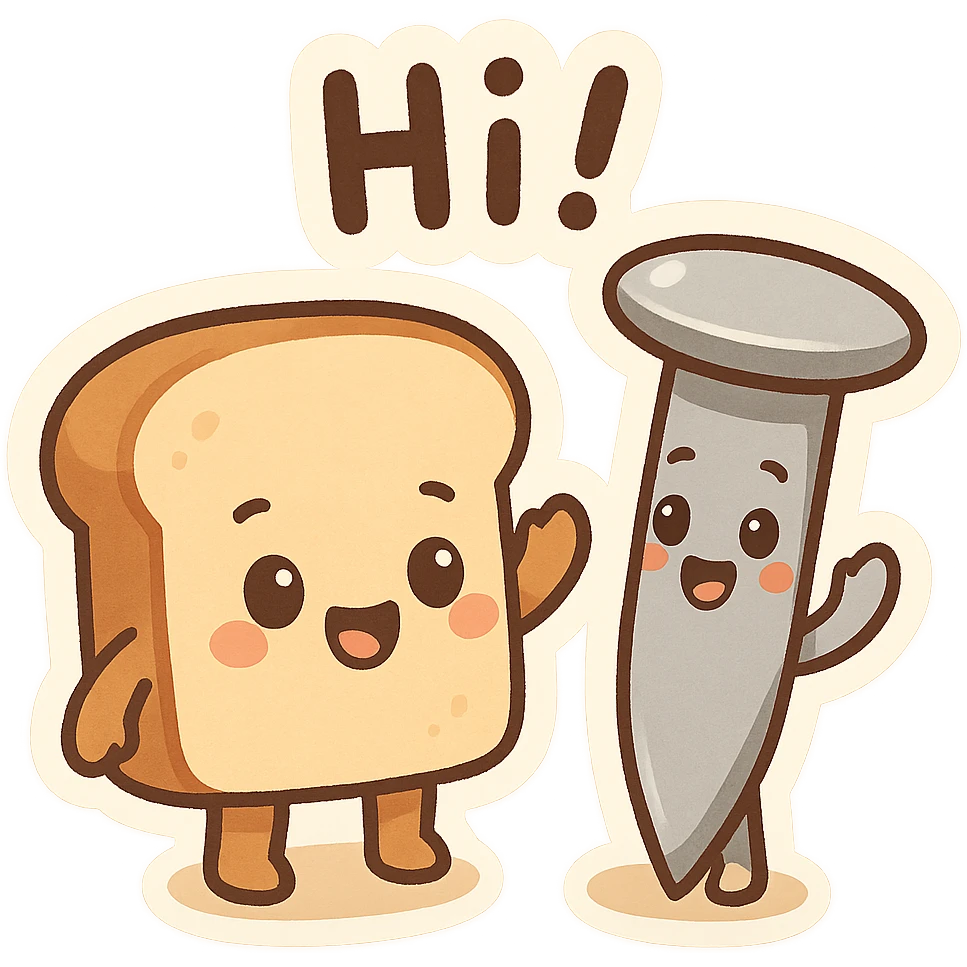animated emoji of a bread and a nail greeting each other, cartoon style emoji