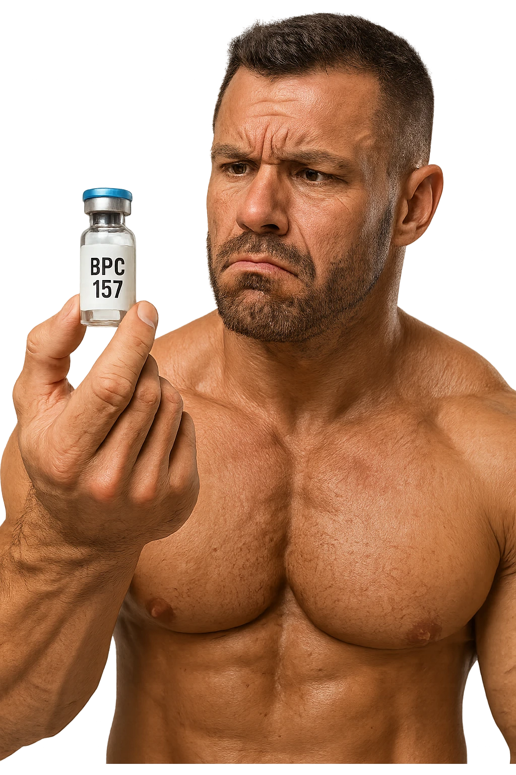 BODYBUILDER CHE TIENE IN MANO UNA FIALA MEDICA CON la scritta "BPC 157" SULL'ETICHETTA E LA GUARDA DUBBIOSO, iperrealistico 4k emoji
