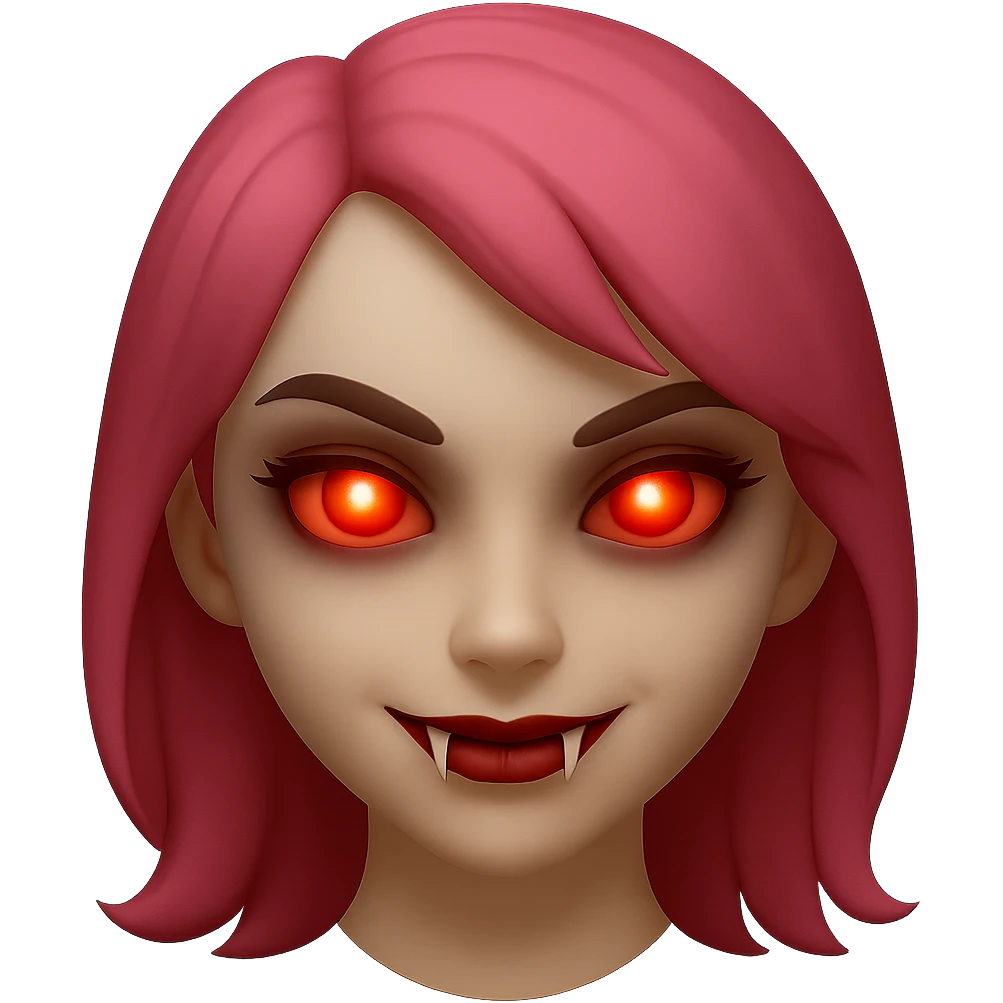 Make the character cute, not laughing, but add something to make her look scary such as fangs, glowing eyes, or a subtle sinister smile. She has pink hair, is a white girl, and has red eyes. Render in emoji style. emoji
