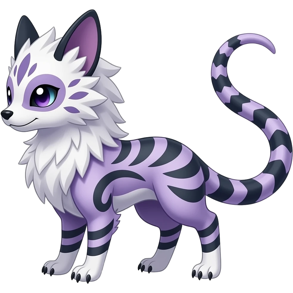 Scroll-patterned majestic feathery elegant realistic stylish Furry, feathery fluffy tropical flecked painted feathery scaly, Purple, white, black, Minccino-Bambino-Lykoi-Linoone-Zangoose-fusion-hybrid-animal-Fakémon-creature, full body, thin long sleek scaly tail, intricate markings emoji