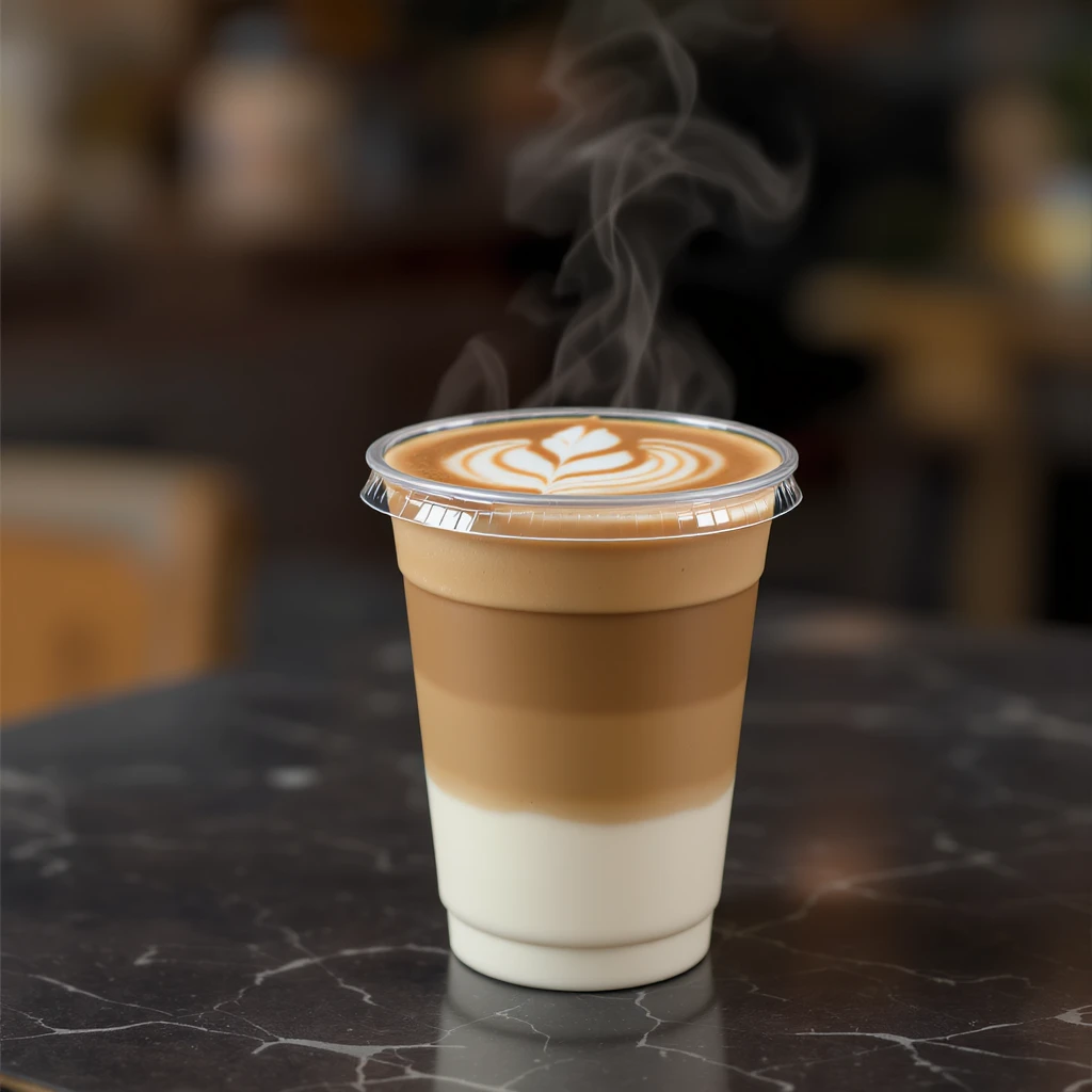 hot latte with foam art in a clear plastic takeaway cup, visible layers, modern style emoji