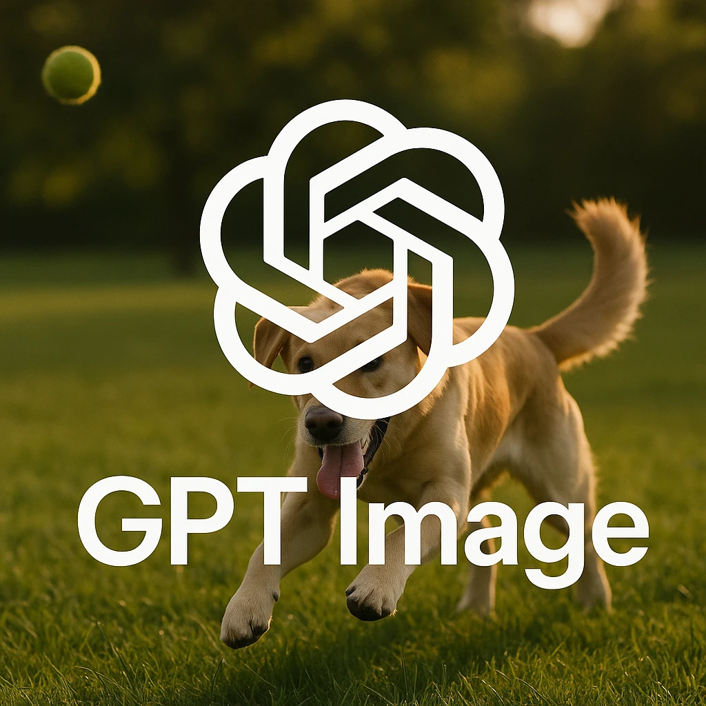  logo of chat gpt with text "GPT Image" on the background of a dog chasing ball, realistic image emoji