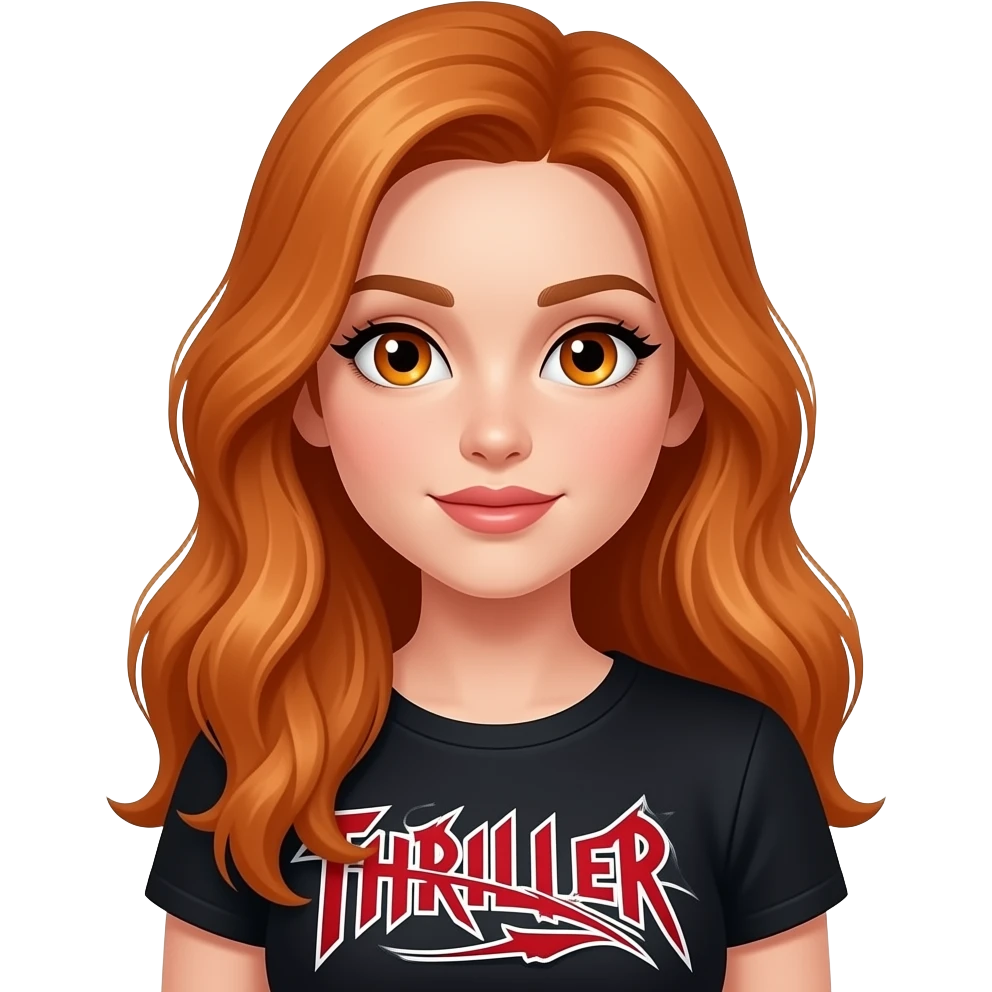 sexy girl with long ginger hair and ginger eyes a top with THRILLER written on it emoji