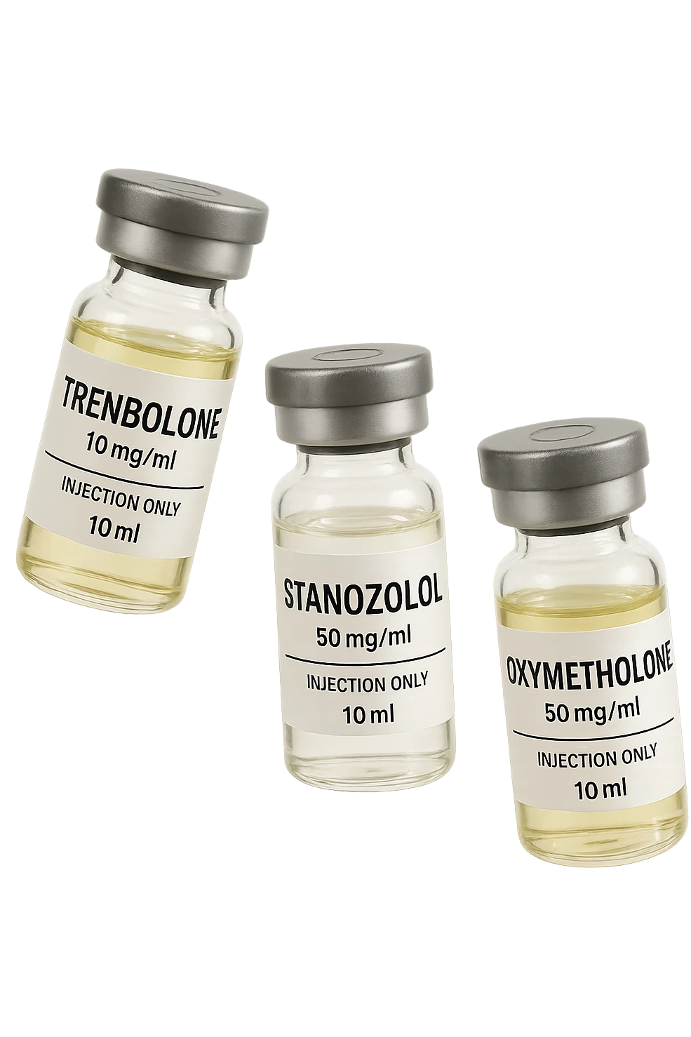 FIALE MEDICHE DI Trenbolone, stanozololo, oxymetholone FLUTTUANO IN ARIA, iperrealistico 4k, isolato su sfondo bianco emoji