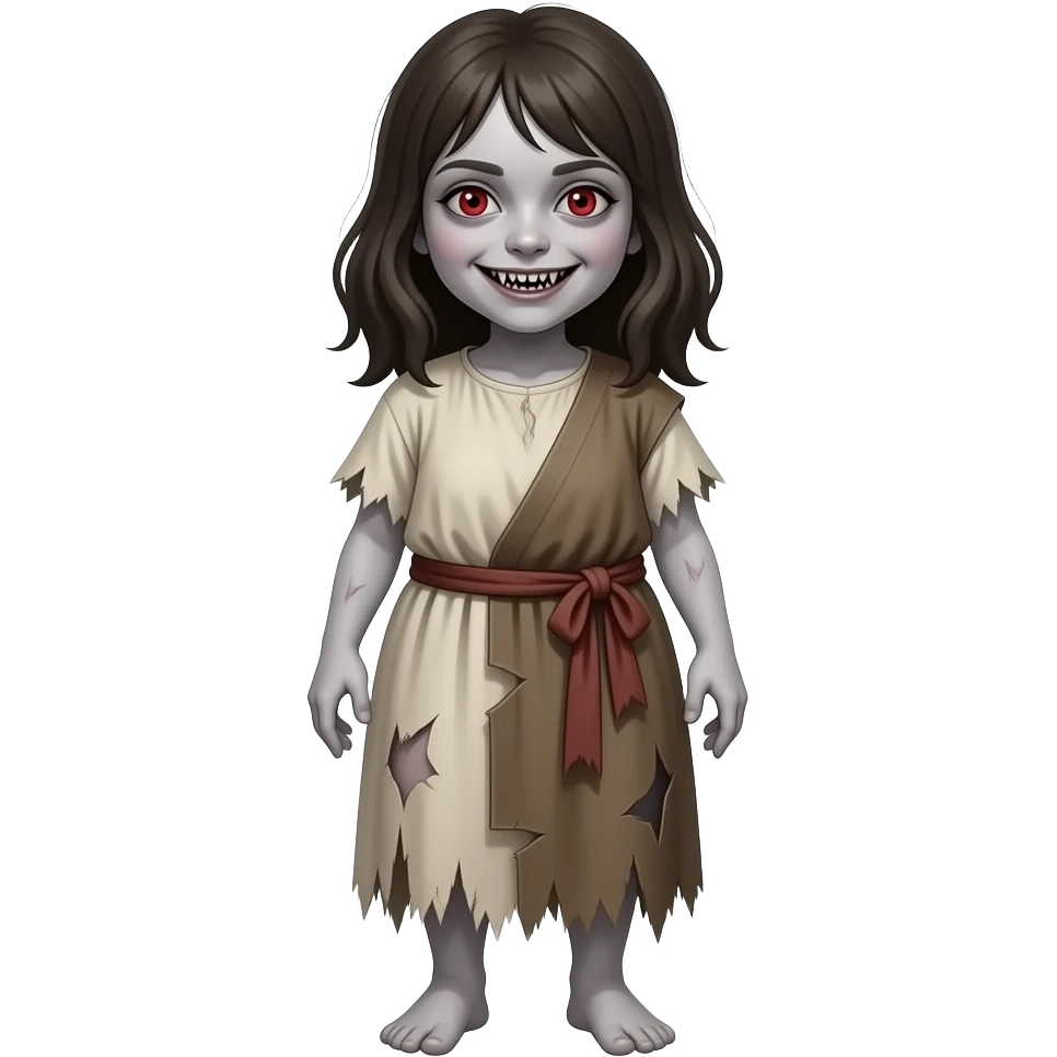 A full bodied emaciated girl with pale colored skin, red serpent eyes with slim black slits for pupils and possessed by an evil spirit  that has an creepy smile on her face, wearing tattered clothing from biblical times emoji