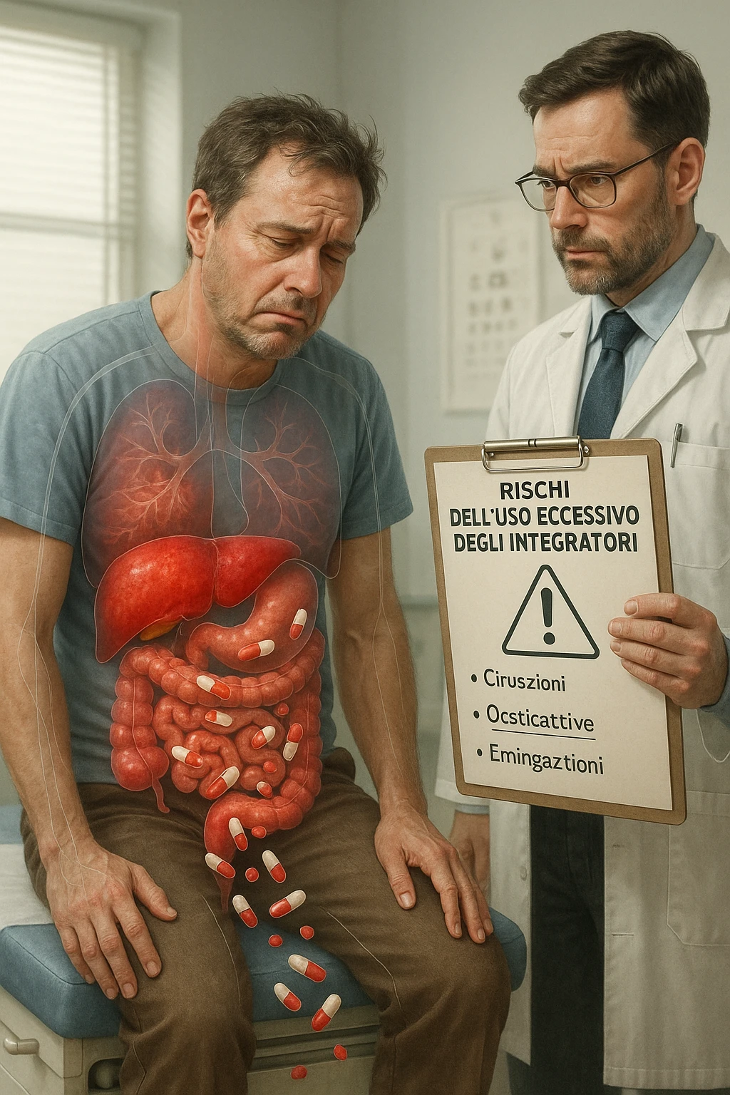 a man sits on a doctor’s examination table, looking fatigued and uncomfortable. A transparent anatomical overlay reveals his liver and intestines, both appearing inflamed and congested, with stylized supplement capsules and pills scattered throughout the digestive tract. The doctor stands nearby, holding a chart that highlights the risks of excessive supplement use. The mood is clinical and educational. in italiano iperrealistica emoji