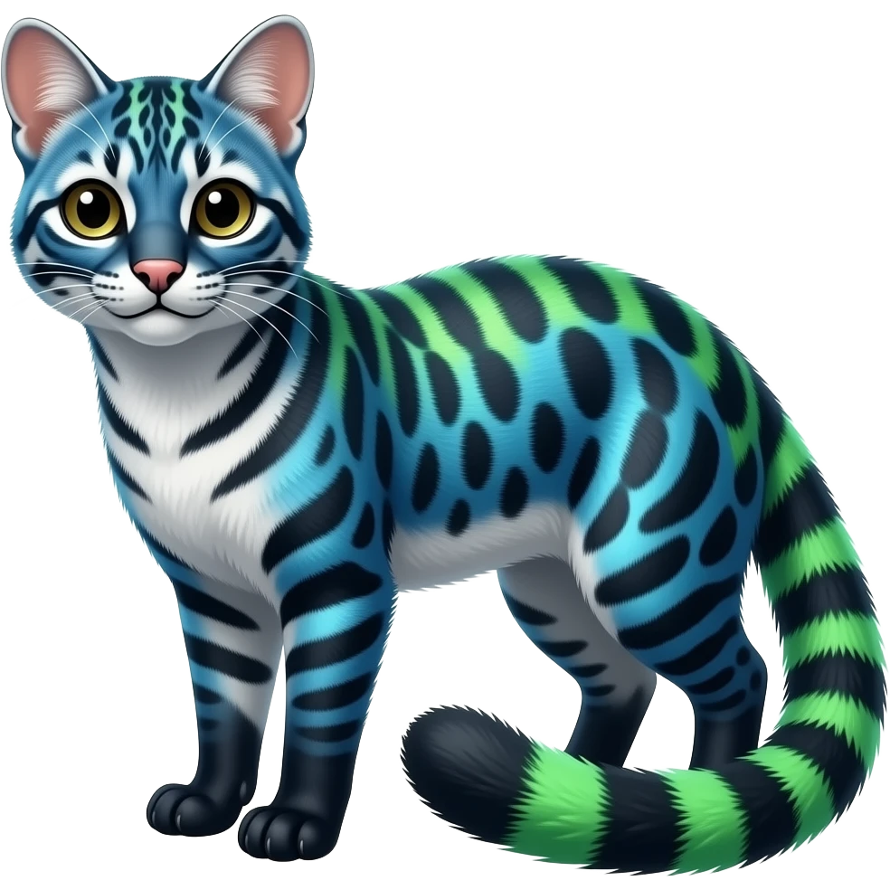 Colorful shiny realistic silky smooth glossy tropical thin exotic beautiful lanky gradient-colored cobalt-blue-obsidian-black-neon-green-gradients, with white underside, iridescent glorious civet-genet-Cacomistle-oncilla-animal-hybrid with pattern markings (full body) emoji
