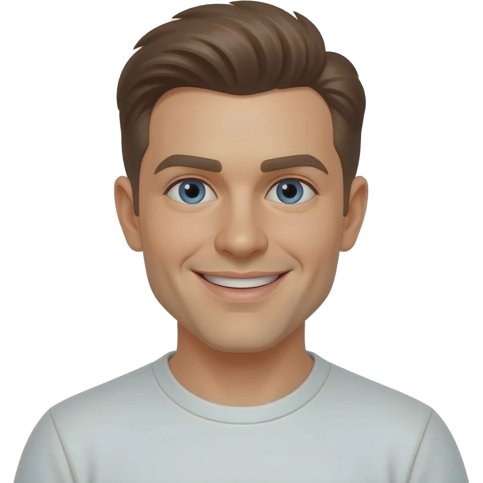 30 year old man, clean shaven, smiling with blue eyes and brown hair parted on left, in t-shirt emoji