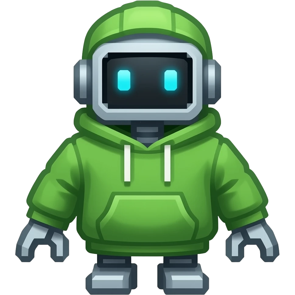 Robot in green hoodie pixelated square emoji