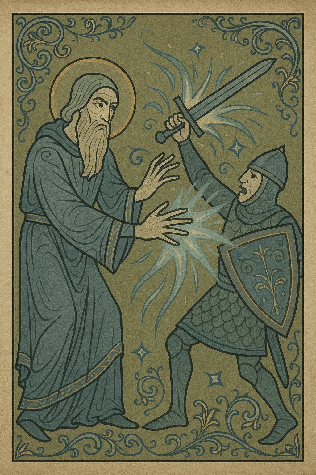 A wizard casting a powerful spell in battle, medieval fantasy combat, glowing magical effects, flowing robes, intense expression emoji