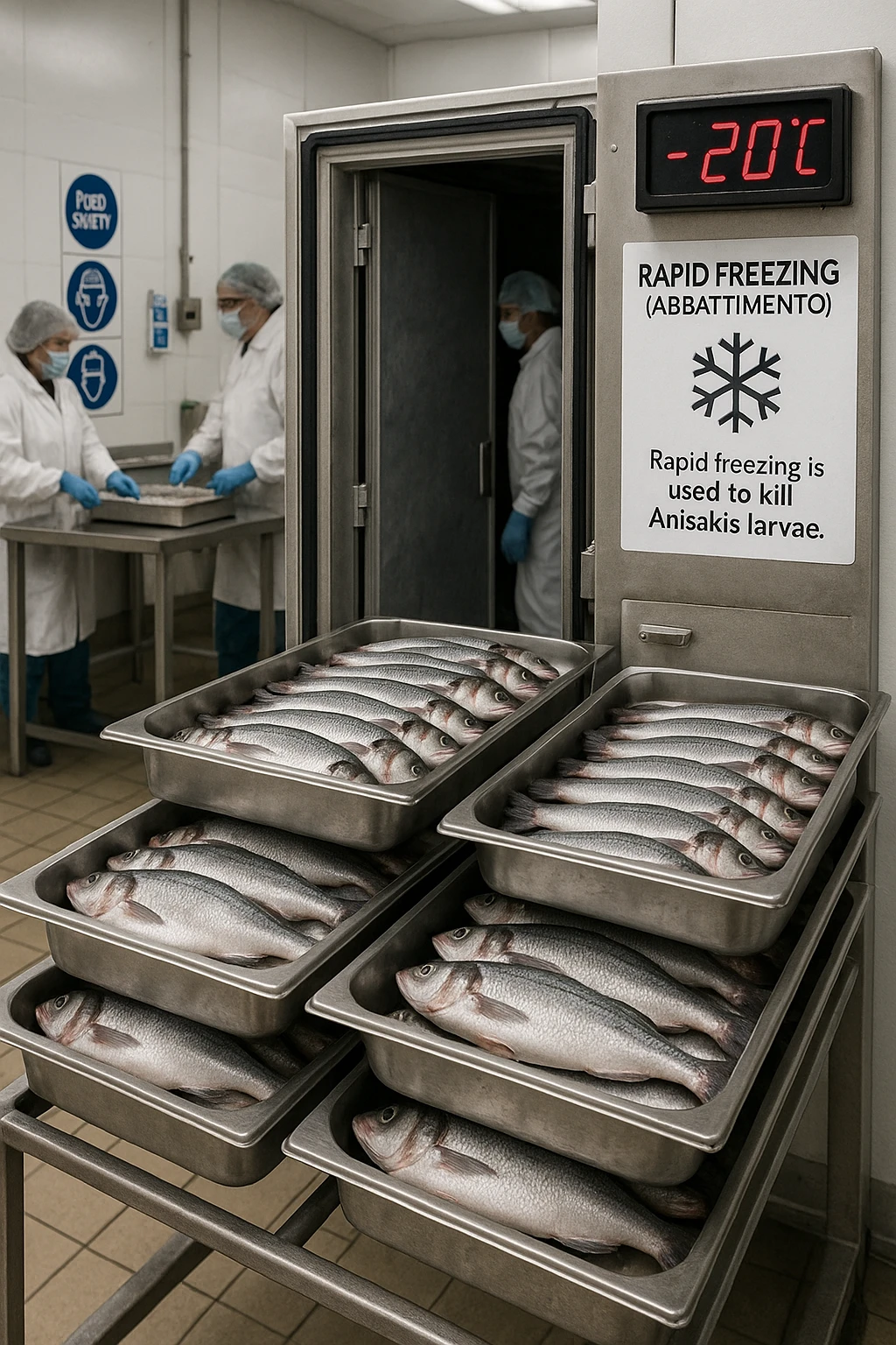 a fish processing facility where freshly caught fish are placed on trays and moved into a large industrial freezer. A temperature gauge shows -20°C, and an educational label explains that rapid freezing (abbattimento) is used to kill Anisakis larvae. The background includes workers in protective clothing and clear signage about food safety. emoji