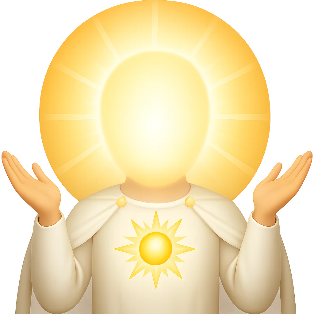 Make the glory light around the Heavenly Father even brighter and more radiant, with no visible facial features, face completely covered in shining light, wearing a white gown, in apple emoji style. emoji