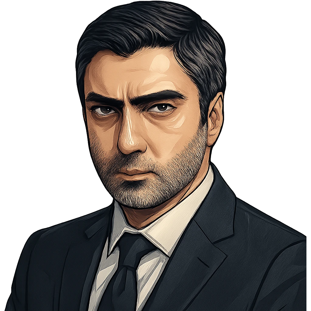 Polat Alemdar, close-up portrait, dark suit, piercing gaze, subtle stubble, modern illustration style, detailed and refined emoji