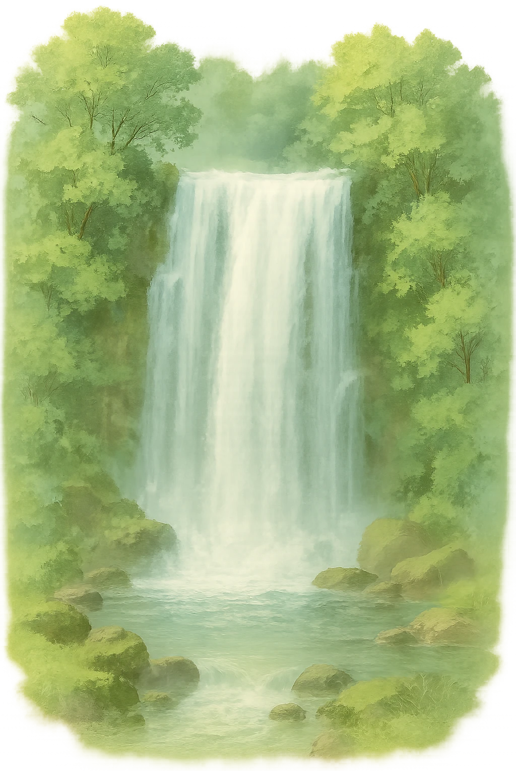 a realistic waterfall, natural colors, soft, fairy-like atmosphere, no background emoji