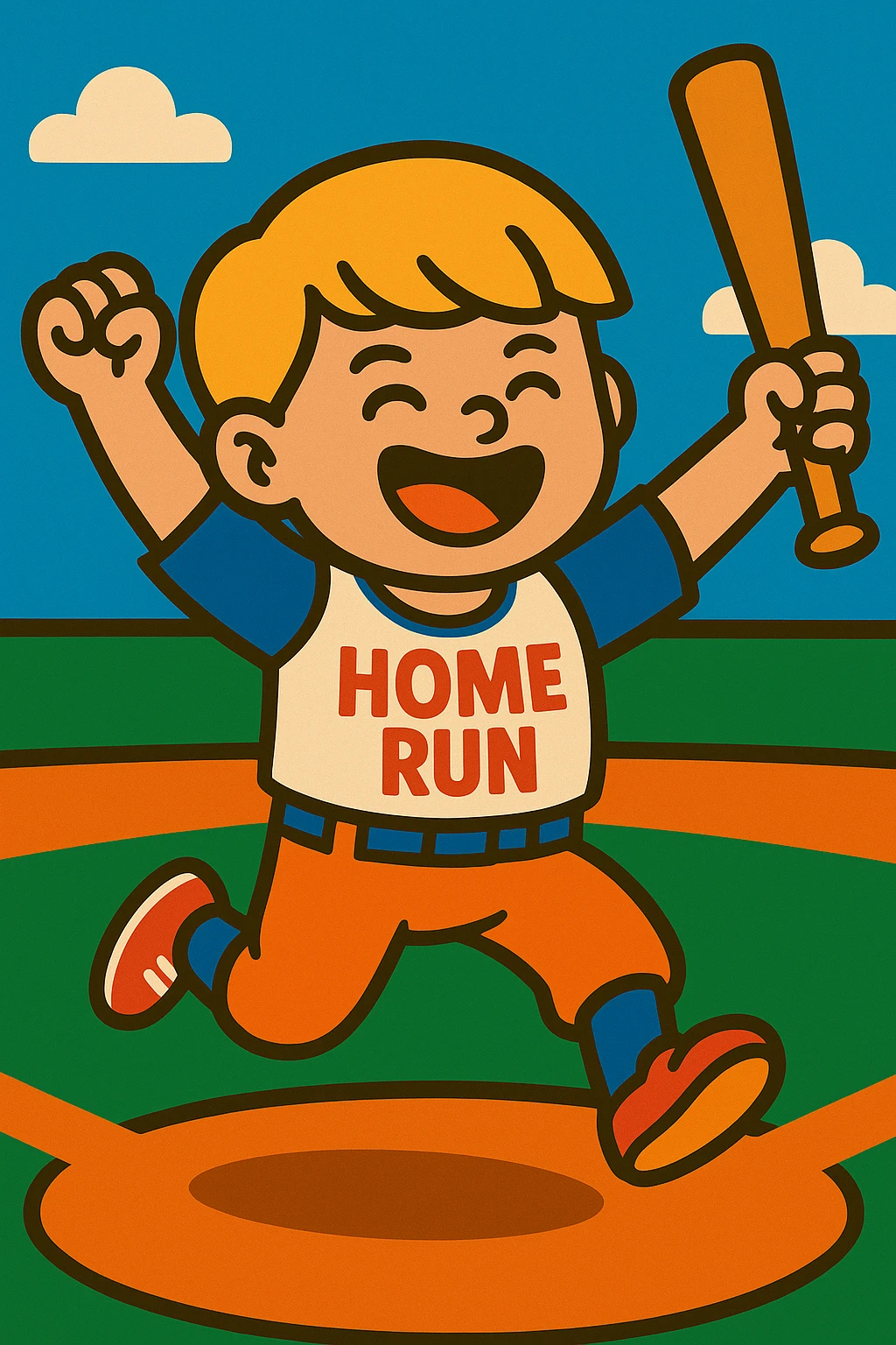 Change the boy's hair to blonde, keep the bowl cut, vibrant cartoon style, celebrating after hitting a home run in baseball, arms raised, bat in hand, joyful expression. emoji