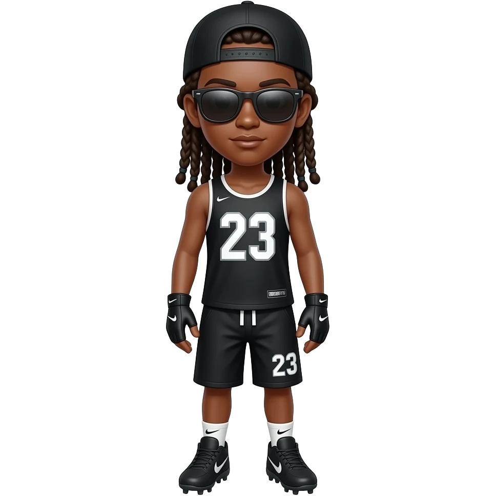 Brown skin teenager boy with shades on with black cap with black tank top number 23 black shorts number 23 black gloves Nike cleats long braids emoji