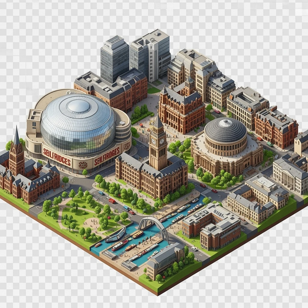 Isometric illustration-model of Birmingham with photorealistic main attractions, balanced between stylized and realistic, 3D miniature effect, transparent background. emoji