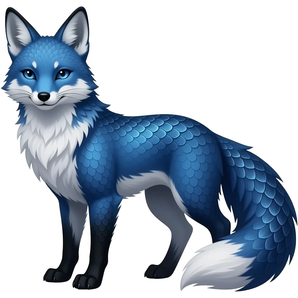 Feral Rare Fantasy scaly evil spooky vibrant dark shady shaded detailed deep-dark-cobalt-blue-gradients-colored colorful Vernid-Sergal-Genet-Trico-Fox-species by LiLaiRa, with dark-blackish points, white belly, random markings, tufted tail, tufted ears, full body emoji