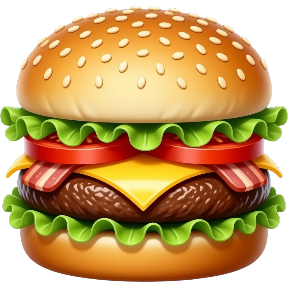realistic bacon cheeseburger, sesame bun, lettuce tomato beef patty, black background, fast food advertisement\ emoji