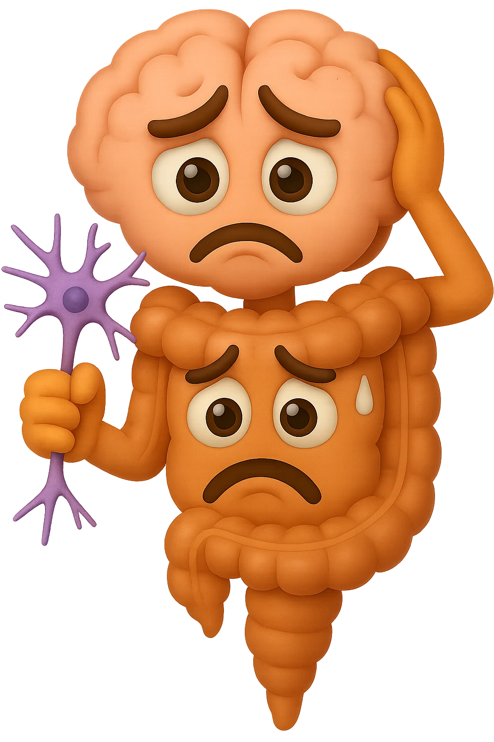 EMOJI STILE IPHONE DI UN INTESTINO collegato verticalmente ad un cervello mentre tiene in mano un neurone, espressione stressata, IPERREALISTICO 4K emoji