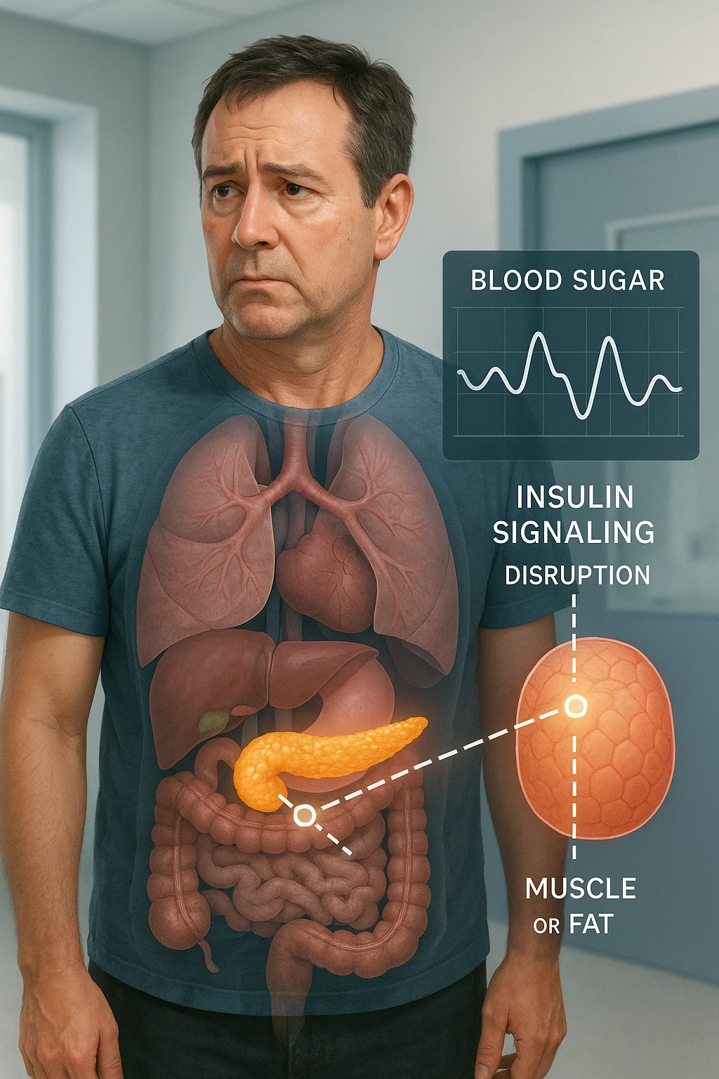 a middle-aged man stands in a clinical setting, with a semi-transparent overlay showing his internal organs. His pancreas is highlighted, and glowing lines or icons indicate disrupted insulin signaling between the pancreas and muscle or fat cells. The man’s expression is slightly concerned, and a digital chart beside him displays fluctuating blood sugar levels. The lighting is realistic, with a clean, modern medical background. in italiano emoji