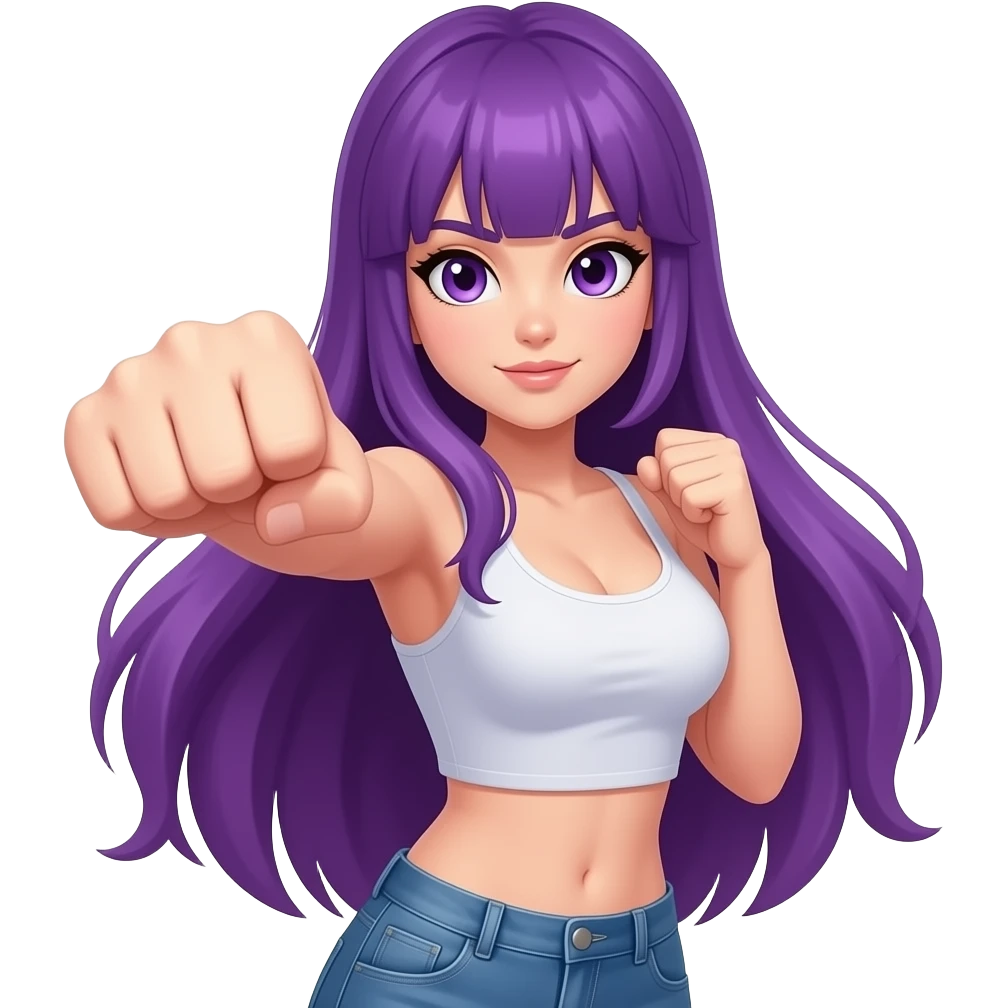 sexy girl with long purple hair and purple eyes is punching emoji