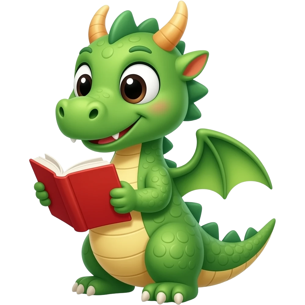 "Cute cartoon emoji of a green dragon reading a red book. Big eyes, friendly expression, bold outlines, vibrant colors, simple and clear for small size." emoji