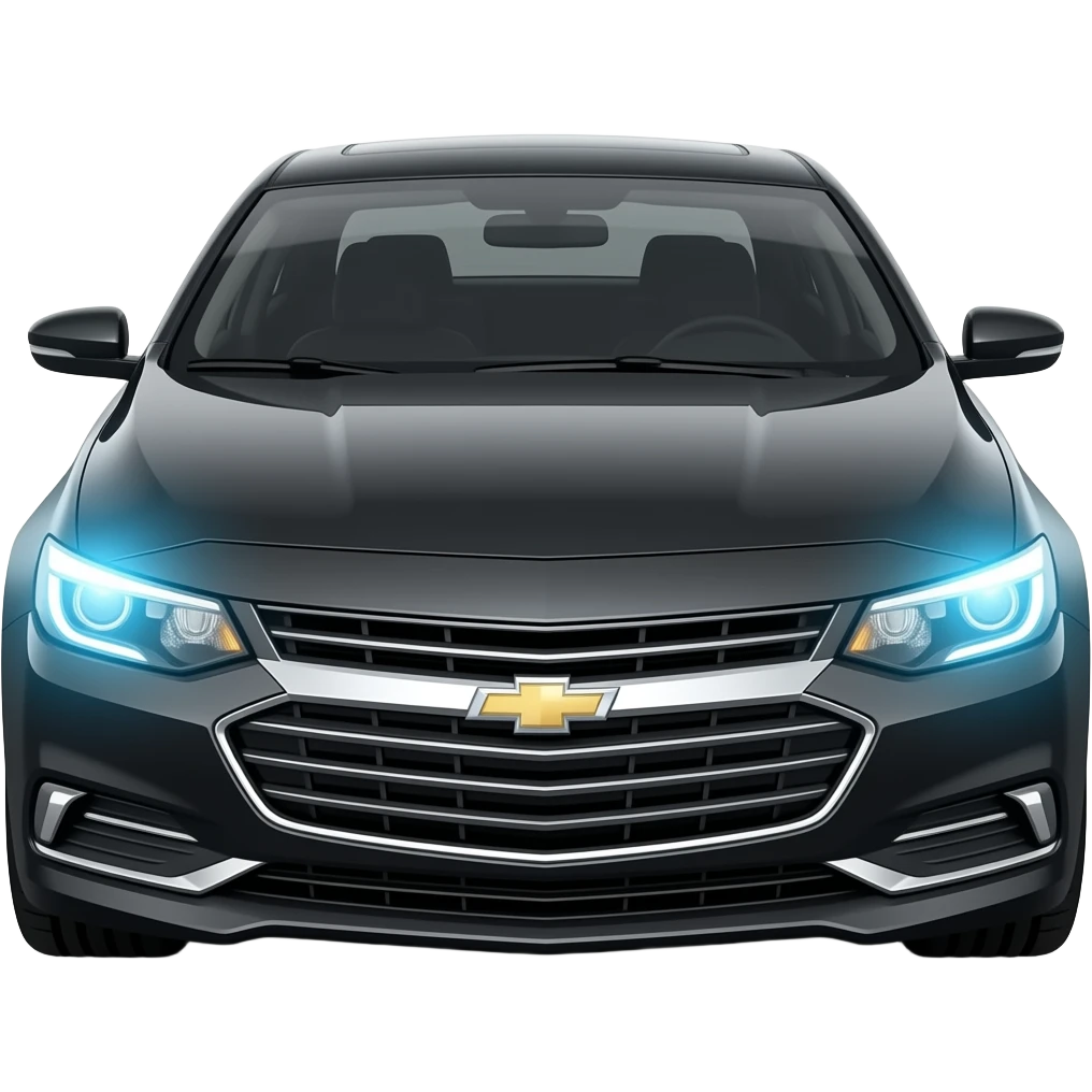 A realistic, high-detail photograph of a glossy black Chevrolet Malibu 2 Turbo Premier sedan with tinted windows, glowing white alloy rims, and bright LED headlights emitting a dinamic brighting glowing effect. emoji