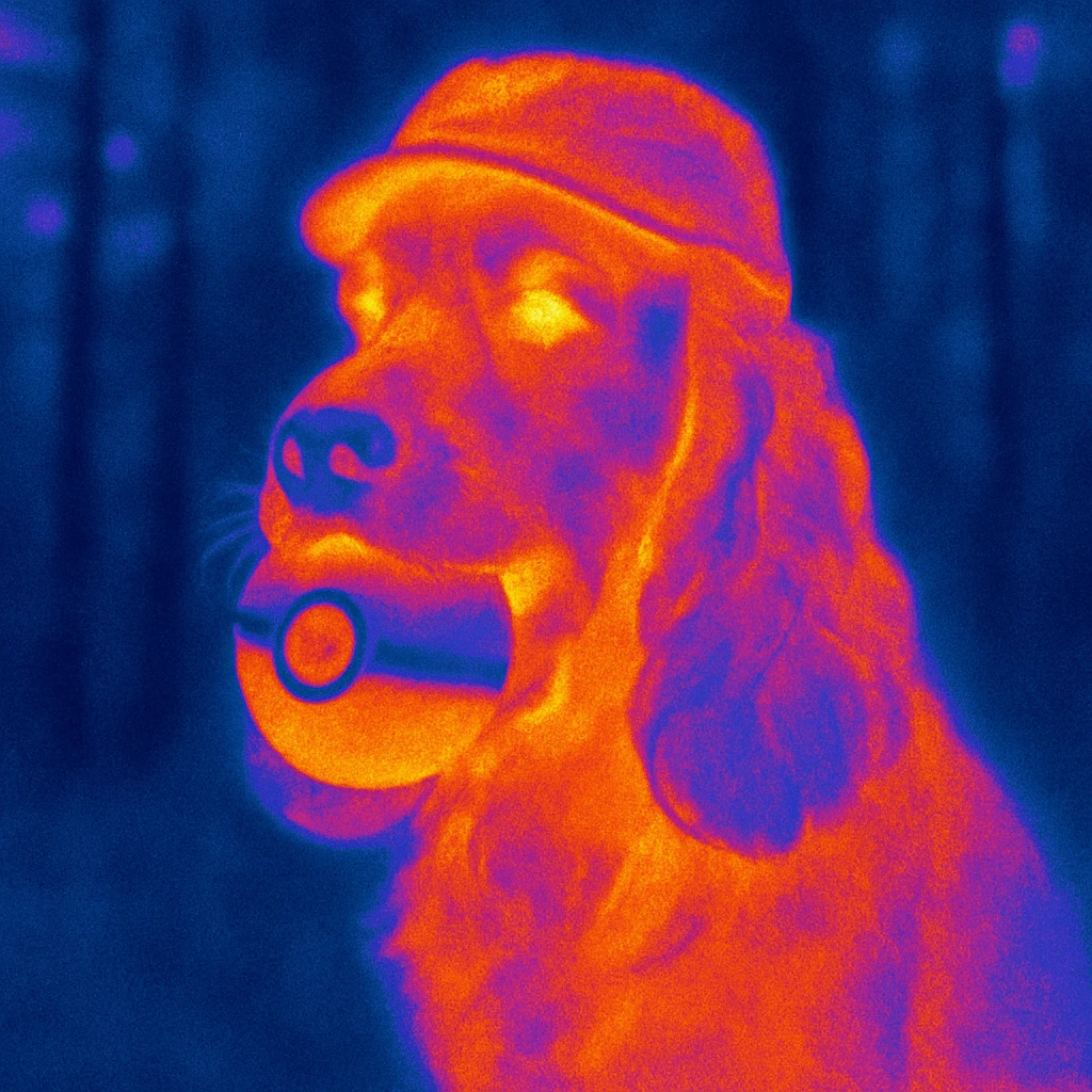 Russian Cocker Spaniel with a Poké Ball in its mouth and a hat with a forest background emoji