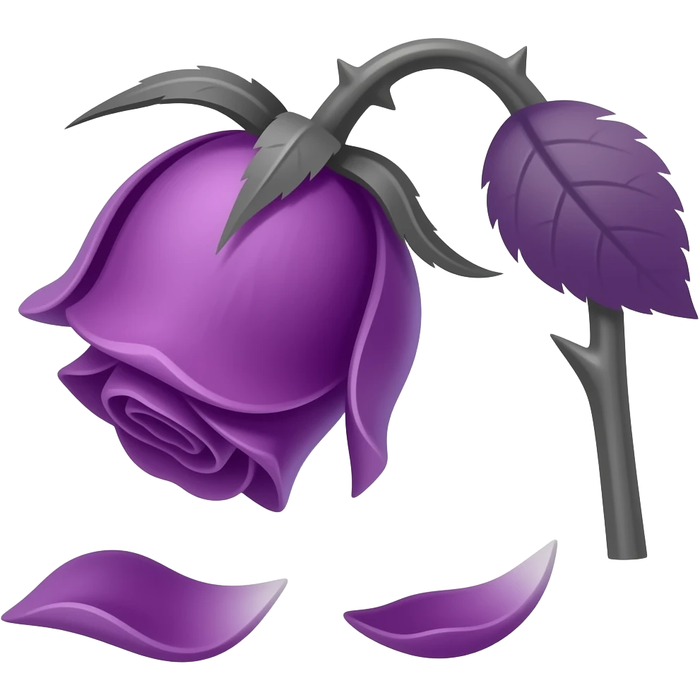 small wilting purple rose emoji with stem and leaves and thorns darker violet purple with falling petal(s) "facing upright" with purple grey stem emoji