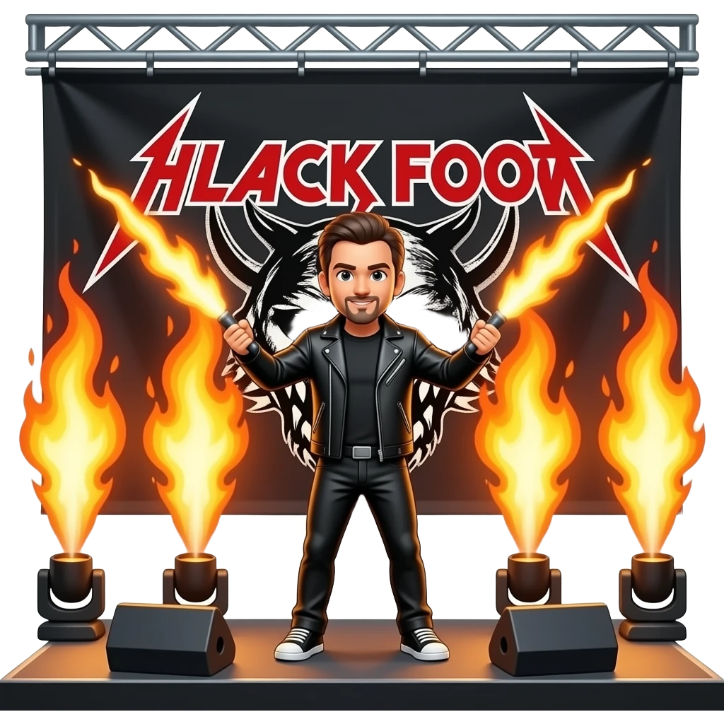 heavy metal "BLACK FOOT " Logo stage backdrop pyrotechnics shooting flames behind him emoji