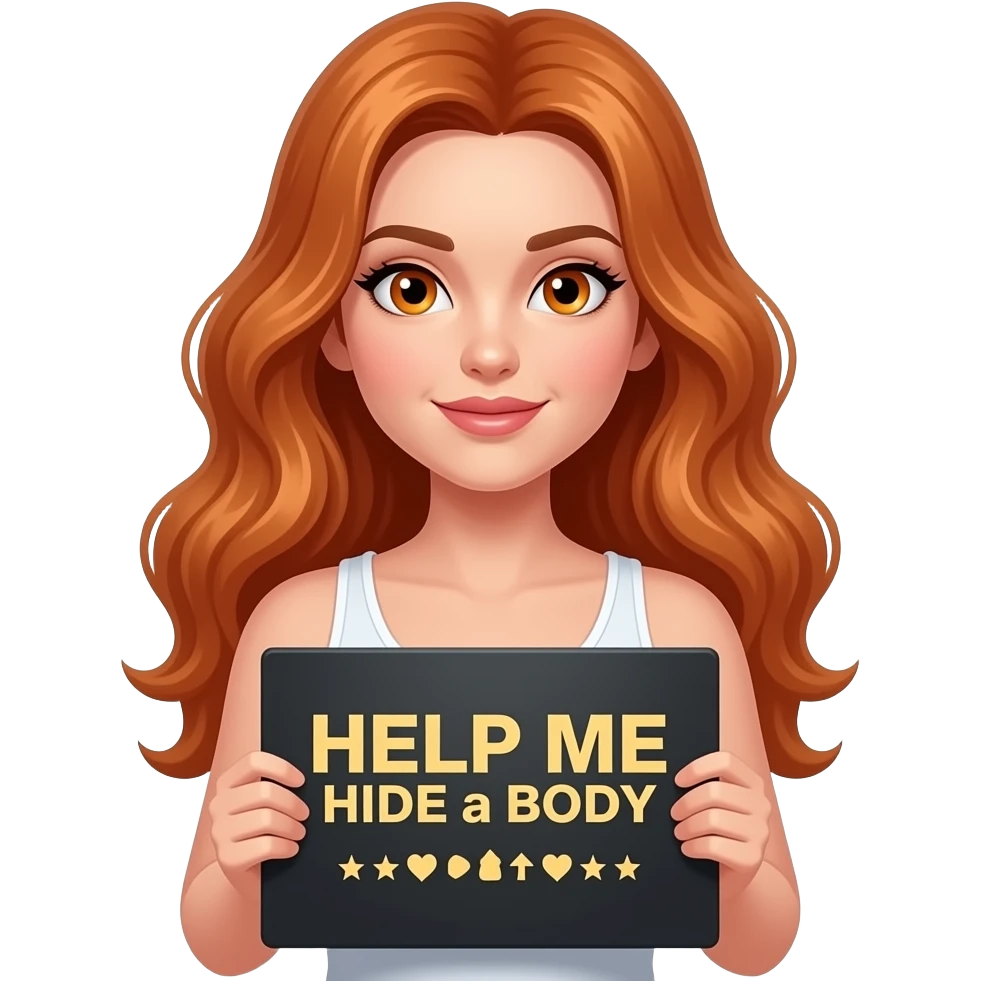 sexy girl with long wavy ginger hair and ginger eyes wearing a white tanktop is holding a black colored sign with HELP ME HIDE a BODY written on it emoji