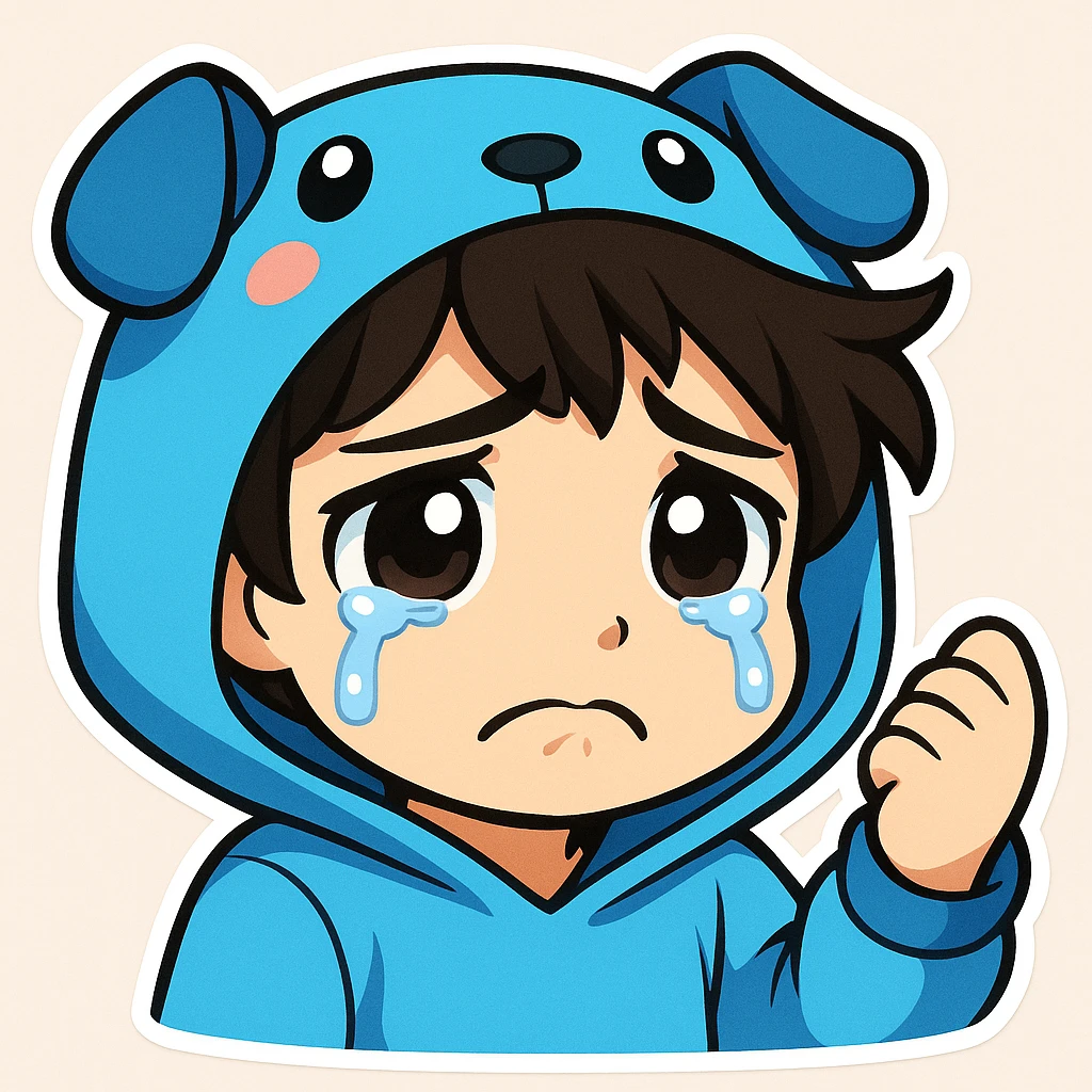 Edit the boy's face to have a sad, teary-eyed expression, keeping the original cartoon style and quality consistent with chibi stickers style. emoji
