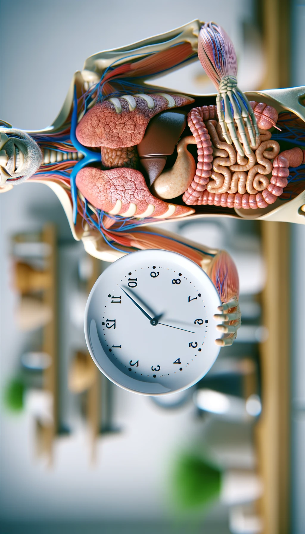 corpo umano anatomico con colori realistici e intestino in evidenza, che tiene in mano un piatto bianco con la lancette di un orologio sopra, figura visibile fino ai fianchi, espressione del volto soddisfatta, sullo sfondo la sua cucina sfocata con toni chiari neutri, iperrealistico 4k emoji