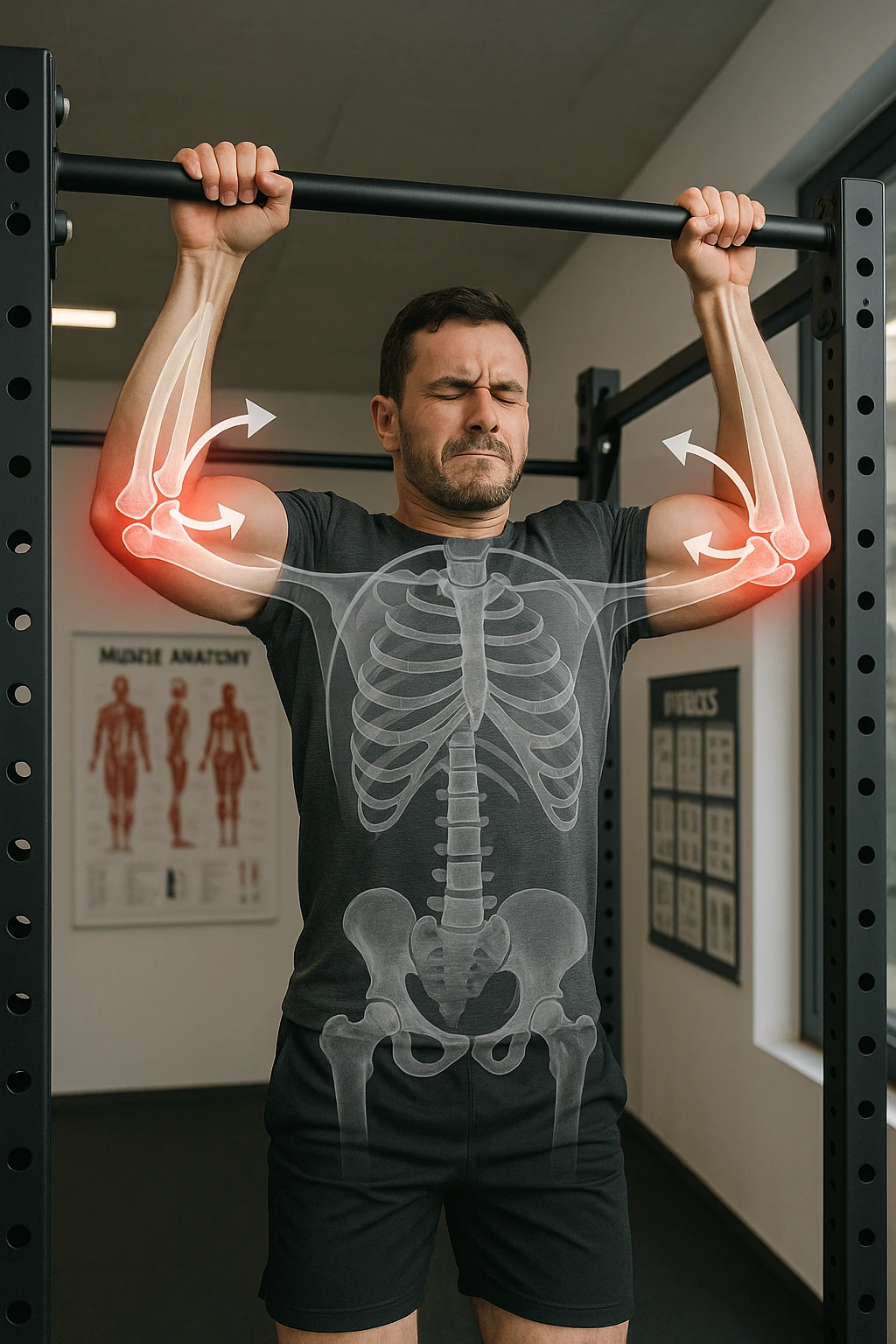 a man in gym clothes esegue una trazione alla sbarra con una tecnica visibilmente scorretta—gomiti troppo larghi o polsi piegati in modo innaturale. I gomiti sono evidenziati con un alone rosso acceso per indicare dolore o infiammazione. Un diagramma trasparente mostra le forze errate applicate sull’articolazione. La scena è ambientata in una palestra moderna, con poster educativi sullo sfondo. emoji