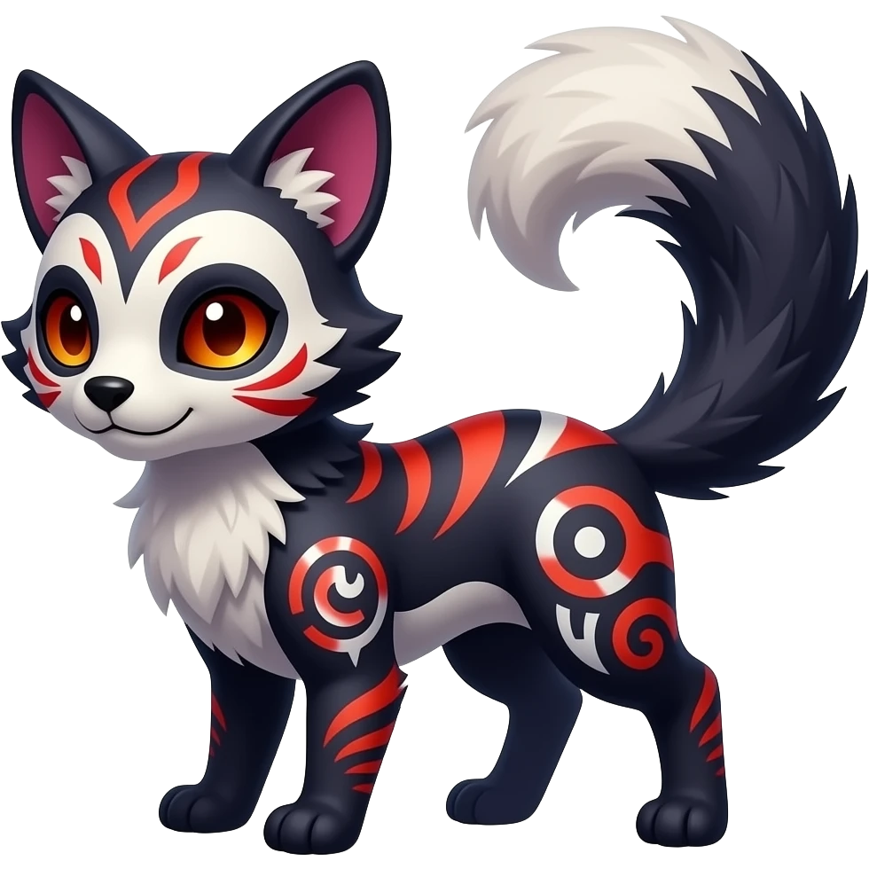 Rare warm-colored exotic gloomy tropical edgy cute epic aesthetic spooky indigo violet white black red gothic colorful Salandit-Furret-Civet-species-Fakemon-hybrid-creature, with tribal tattoo markings, full body emoji