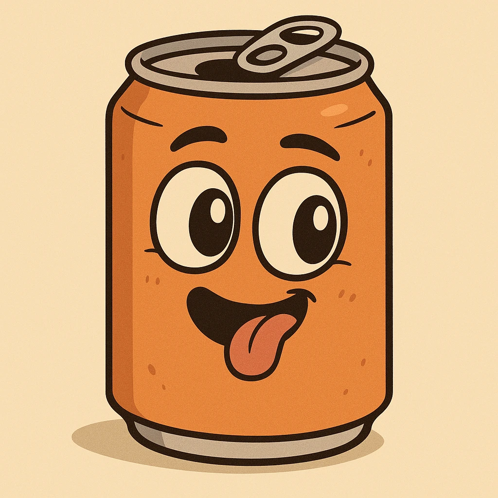 adorable orange soda can with big eyes, playful expression, cartoon style emoji