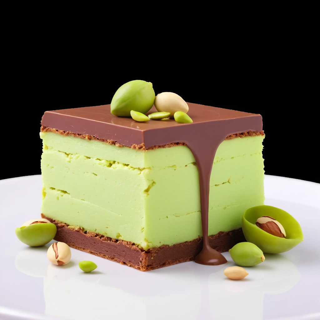 3D render of the Dubai chocolate with a bite missing, exposing a rich green pistachio kataifi center (shredded pastry and pistachio), dramatic lighting emoji